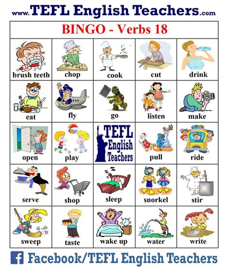 TEFL English Teachers Bingo Verbs Game Board 18 Of 20 Englisch Spiele