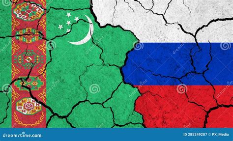 Flags Of Turkmenistan And Russia On Cracked Surface Stock Illustration