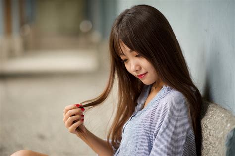 Wallpaper Model Brunette Asian Shirt Red Nails Touching Hair