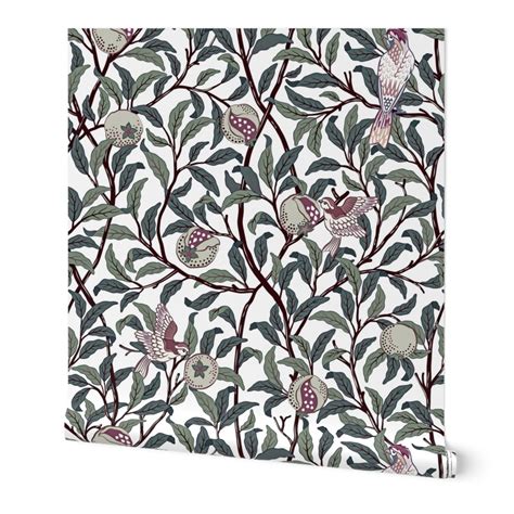 Bird And Pomegranate In Garden Sage Wallpaper Spoonflower