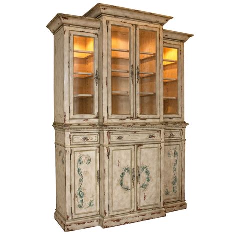 Two Piece Paint Decorated China Cabinet Or Breakfront For Sale At 1stdibs