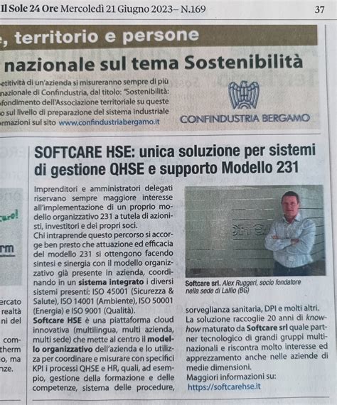 Il Sole 24 Ore Parla Di Noi SOFTCARE HSE