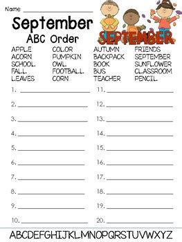 September Abc Order Worksheet Practice By Teacherlcg Tpt