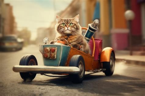 A cat in a small car with a blue and orange car. | Premium AI-generated ...