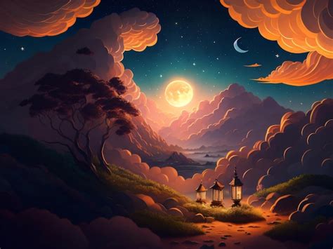 Premium AI Image | A painting of a landscape with a moon and the moon.