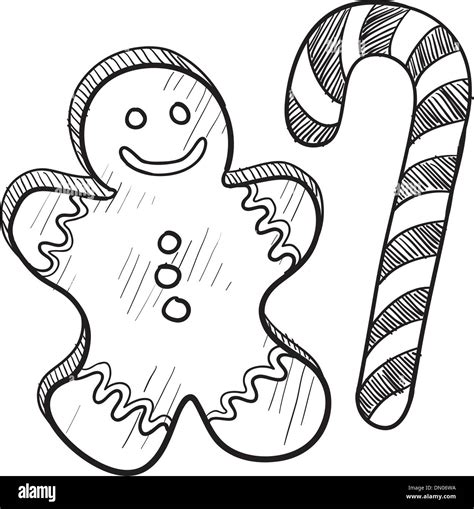 Christmas Gingerbread Man And Candy Cane Sketch Stock Vector Image