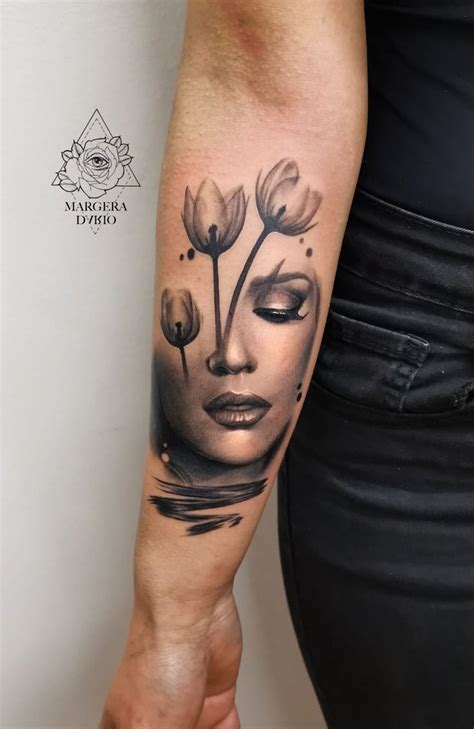 Woman Portrait With Flower Realistic Tattoo By Dario Margera Female