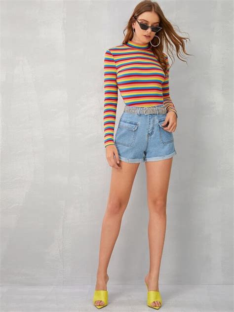 Shein Ezwear Mock Neck Rib Knit Striped Tee Shein Eur