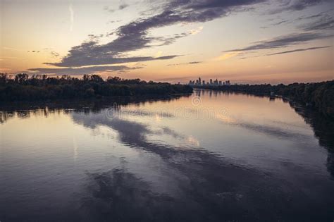 Vistula River In Warsaw City Poland Sunset View From Siekierkowski