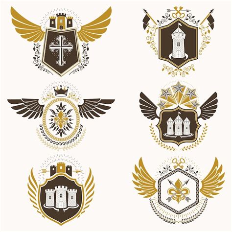 Premium Vector Heraldic Emblems With Wings Isolated On White Backdrop