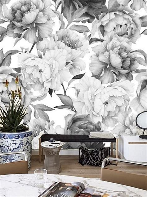 Giant Peony Wallpaper Black And White Flower Peony Peel And Etsy