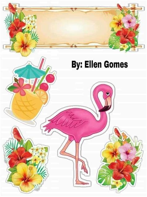 A Pink Flamingo Sticker Sheet With Tropical Flowers And Palm Trees In