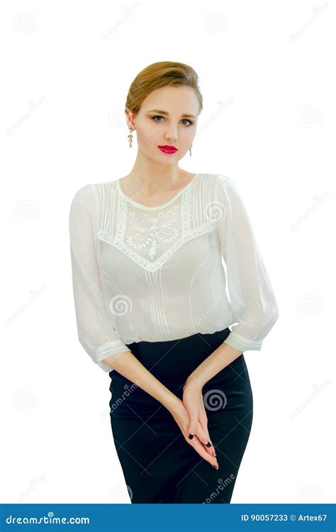 Mooi Jong Meisje In Een Witte Blouse En Een Zwarte Rok Stock Afbeelding