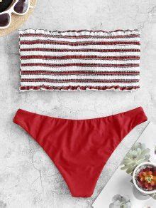 ZAFUL Stripe Smocked Bandeau Bikini Set In RED ZAFUL 2024