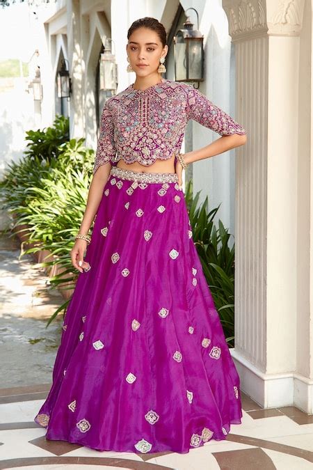 Buy Purple Organza Embroidery Thread Round Blouse And Lehenga Set For