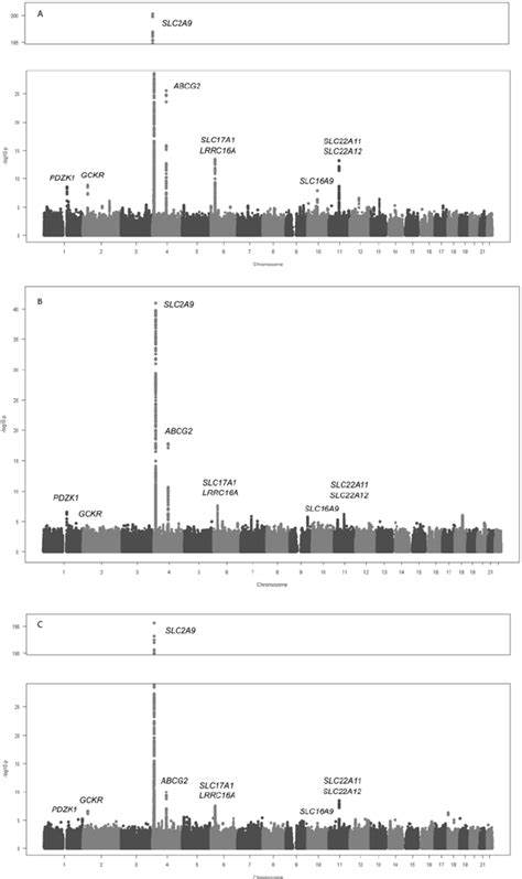 Genome Wide Association Results Manhattan Plots Showing Significance