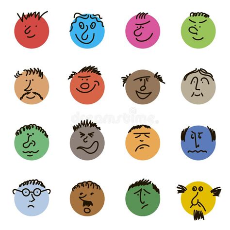 Colored Doodle Heads Round Comic Faces With Various Emotions