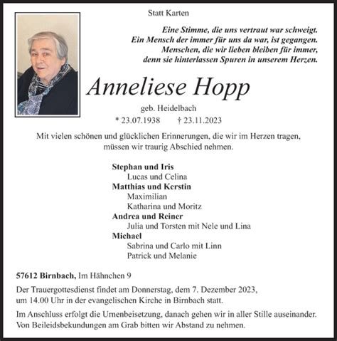 Traueranzeigen Von Anneliese Hopp Rz Trauer De