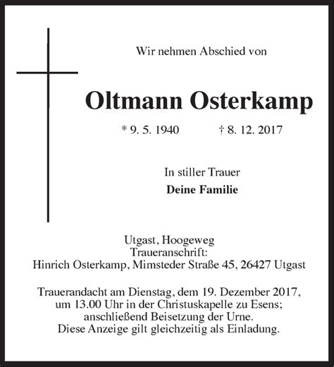 Traueranzeigen Von Oltmann Osterkamp Nordwest Trauer De