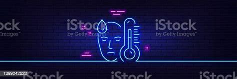 Sick Man With Fever Line Icon Temperature Thermometer Sign Neon Light