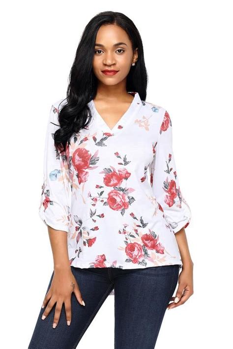 White Red Floral Print Slight V Neck Blouse For Women Pophers