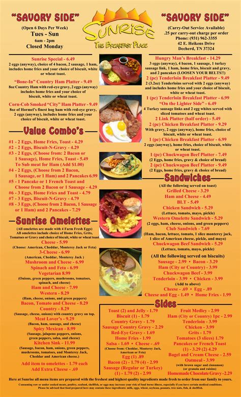 Menu Sunrise The Breakfast Place Llc