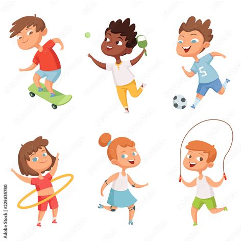 Various kids in active sports. Vector characters isolate on white