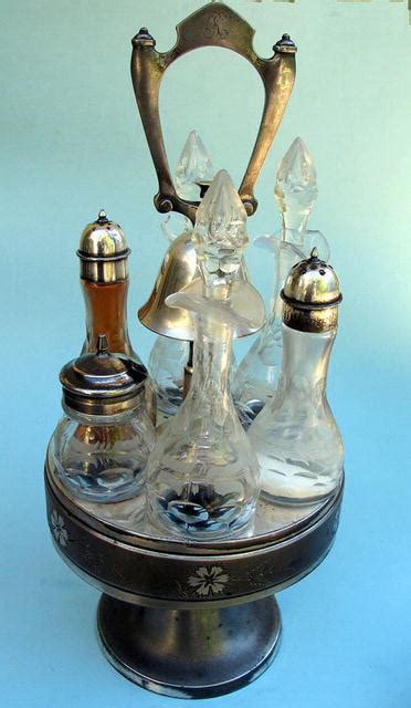 WILCOX SILVER PLATE 6 CRUET CASTOR SET W SERVANTS BELL For Sale