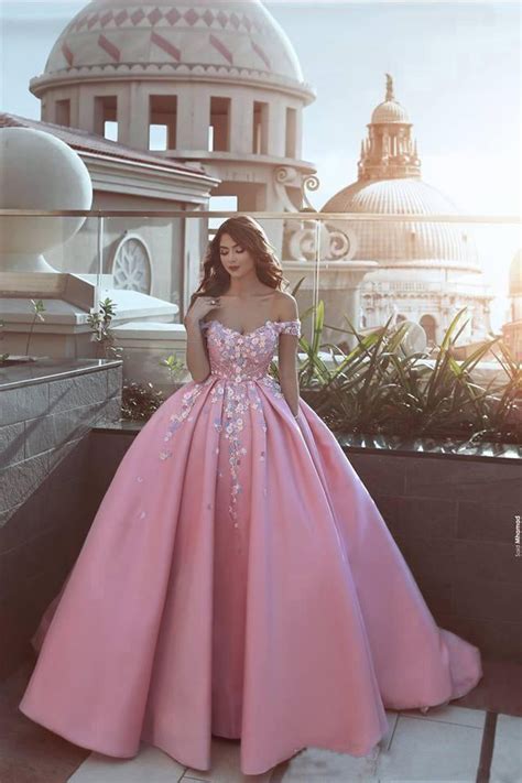 Pink Off The Shoulder Ball Gown Lace Appliques Satin Prom Dress Okdresses