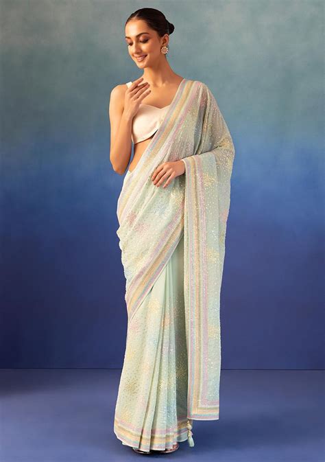 Buy Women Seafoam Multicolour Sequin And Thread Embroidered Saree With