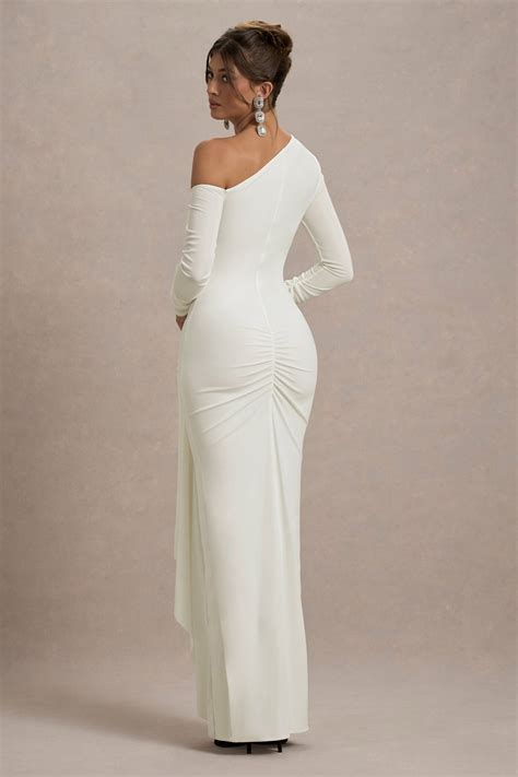 Nerina Cream Asymmetric Long Sleeve Split Maxi Dress Club L London Uk