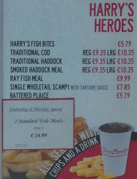 Menu at Harry Ramsden’s Liffey Valley fast food, Dublin