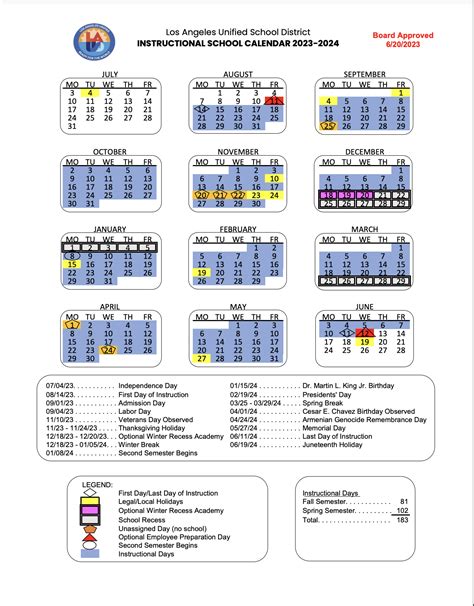 LAUSD Academic School Calendar – Calendar – Annandale Elementary