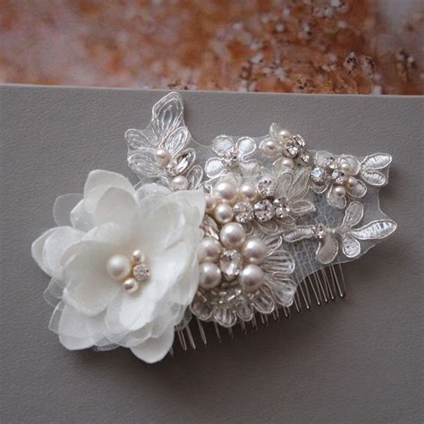 Silver Ivory Lace Bridal Hair Comb Flower Wedding Hairpiece Back Hair