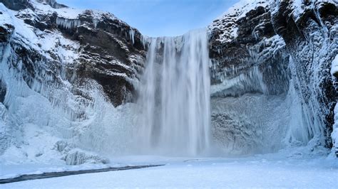 Waterfall Rocks Frozen Water Snow Winter Landscape Blue Sky Background ...