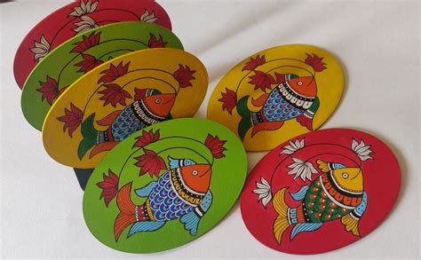 Wooden Tea Coaster Madhubani Art In Stone Art Painting