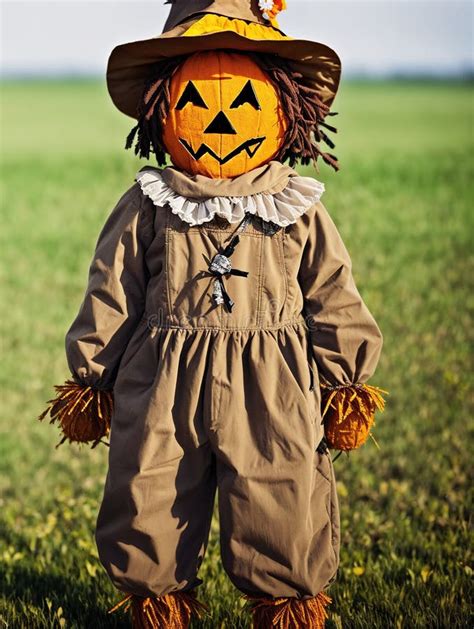 A Scarecrow Standing In A Field With A Pumpkin On Its Head Stock Photo