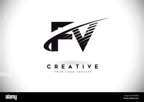 Fv F V Letter Logo Design With Swoosh And Black Lines Modern Creative