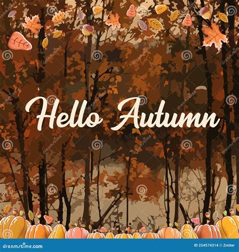 Vector Hello Autumn Banner Or Label With Text And Falling Autumn Leaves