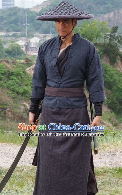 Chinese Ancient Swords Men Kung Fu Costumes And Bamboo Hat Straw Hat Complete Set Bamboo Hats