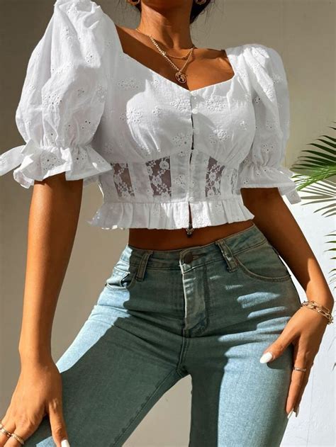 Eyelet Embroidery Puff Sleeve Lace Insert Frill Trim Crop Blouse Crop