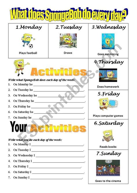 Spongebob´s Daily Activities Days Of The Week Esl Worksheet By Noola Literacy Practice