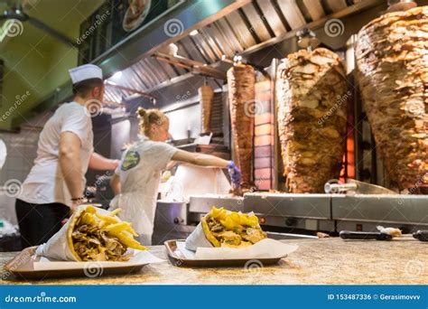 Traditional Greek Gyros Prepared In Street Fast Food Window On Rhodes