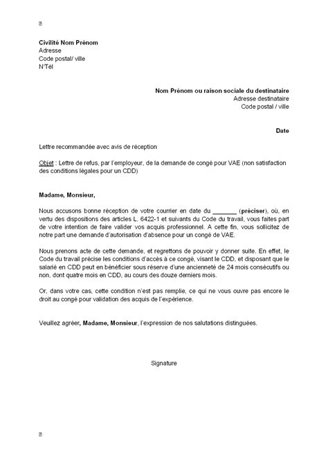 Exemple De Lettre De Refus