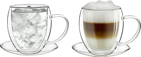 Creano Double Walled Coffee Glasses With Handle And Saucer 250ml