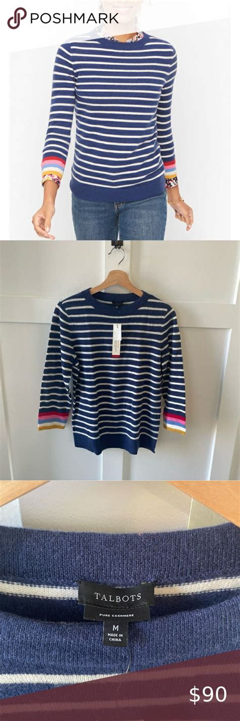 Talbots Pure Cashmere Blue Striped Audrey Sweater Pure Cashmere Blue