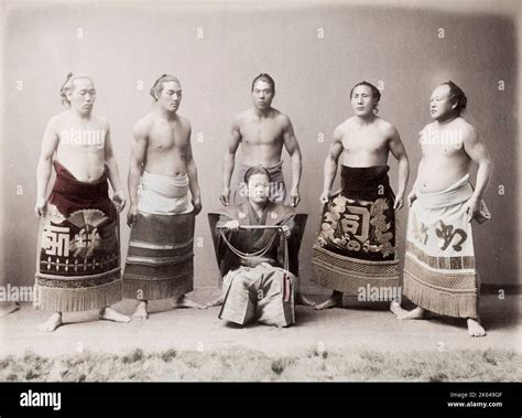 Vintage 19th Century Photograph Group Of Sumo Wrestlers Japan Stock