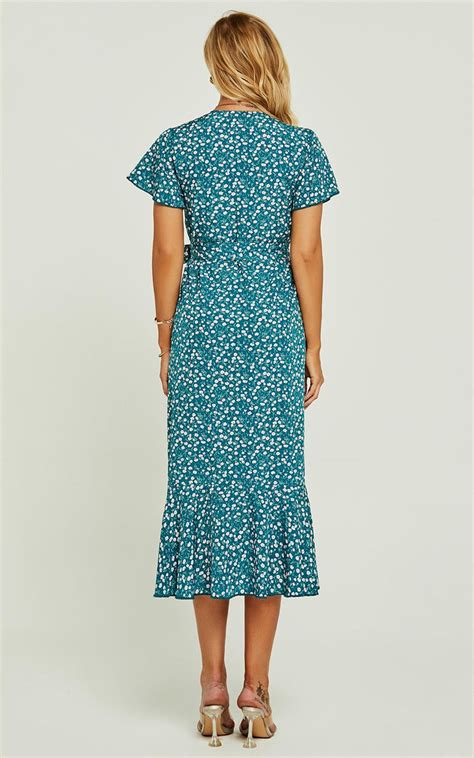 Angel Sleeve Wrap Midi Dress In Green Floral Print Fs Collection London