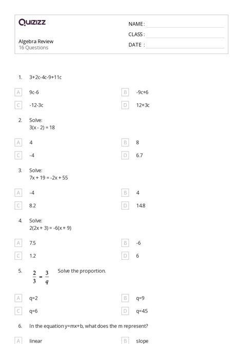 Algebra Worksheets For Th Grade On Quizizz Free Printable