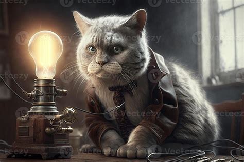 Cat As Thomas Edison Famous Historical Character Portrait Illustration